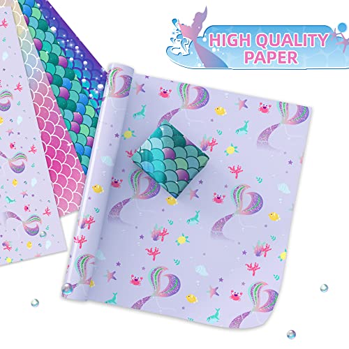 Mermaid Scale Wrapping Paper Set - 8 Sheets Mermaid Wrapping Paper Gift Wrapping Paper, Mermaid Themed Birthday Wrapping Paper for Girls Birthday Christmas Baby Shower Party Supplies - 20'' x 27''