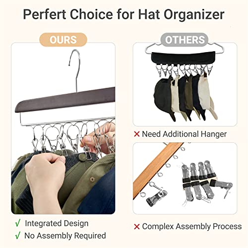 Mkono Hat Organizer Hanger for Closet Set of 3 Wooden Hat Racks for Baseball Caps with 30 Stainless Steel Clips, Baseball Hat Organizer Holder for Closet Storage, Fits All Caps, 3 Pieces