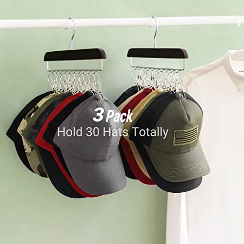 Mkono Hat Organizer Hanger for Closet Set of 3 Wooden Hat Racks for Baseball Caps with 30 Stainless Steel Clips, Baseball Hat Organizer Holder for Closet Storage, Fits All Caps, 3 Pieces