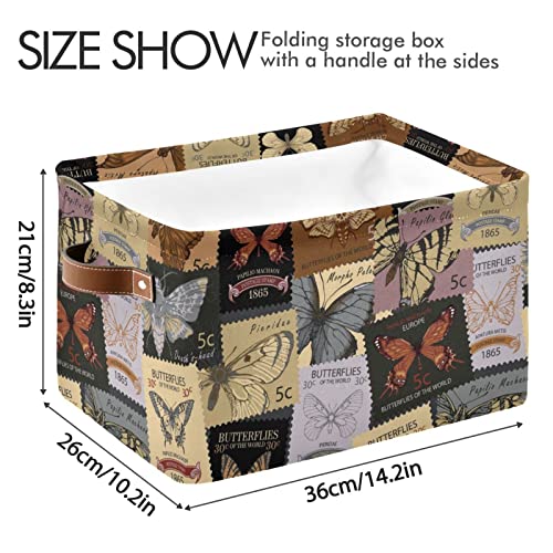 Kigai Butterflies Stamps Storage Basket with Handles for Shelves, Foldable Organizer Waterproof Canvas Storage Bin for Closet/Bathroom/Toy/Nursery, 2 Pack