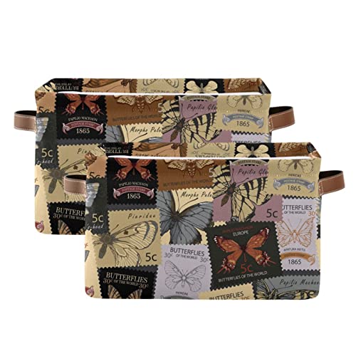 Kigai Butterflies Stamps Storage Basket with Handles for Shelves, Foldable Organizer Waterproof Canvas Storage Bin for Closet/Bathroom/Toy/Nursery, 2 Pack