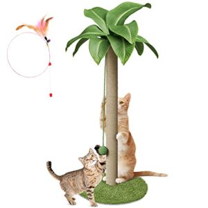 kphico cat scratching post for indoor cats,33.5" tall large cat scratching post with natural sisal rope,kitten scratcher with simulated leaves & hanging ball,send 1 cat teasing stick and 2 catnip