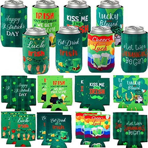 24 Pcs St. Patrick's Day Can Coolers Sleeves 8 Designs Insulated Funny Green Shamrock Irish Beverages Covers St. Paddy's Day Party Gift St. Patrick's Day Party Favor Decorations Party Supplies