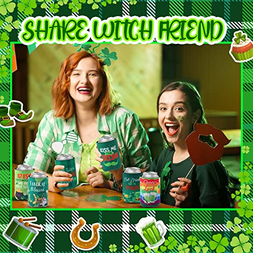 24 Pcs St. Patrick's Day Can Coolers Sleeves 8 Designs Insulated Funny Green Shamrock Irish Beverages Covers St. Paddy's Day Party Gift St. Patrick's Day Party Favor Decorations Party Supplies