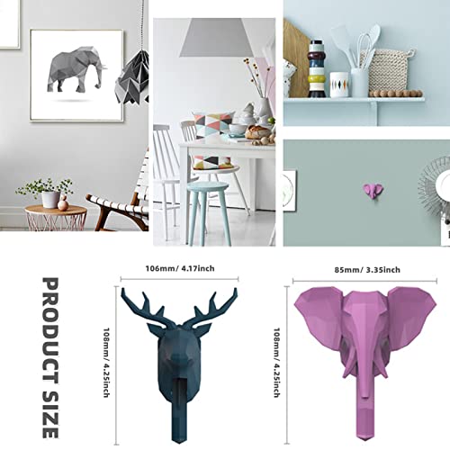 Adhesive Wall Hooks Animals Head Utility Hook Heavy Duty Wall Hangers for Towel Keys Bags Decorative Deer & Elephant Hook for Backpack Hat Scarf Belt Storage Hooks for Kitchen Bathroom Porch, 2 Pcs