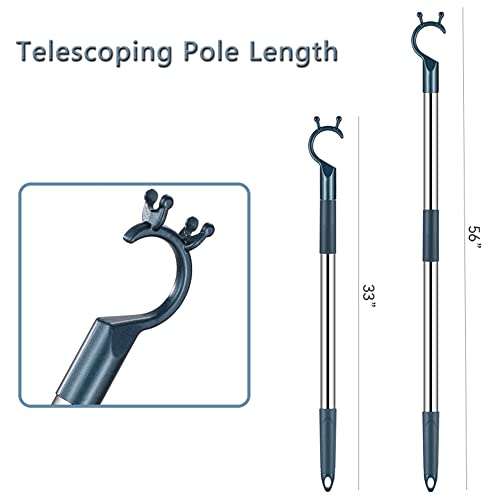 Retractable Long Pole with Hook Telescoping Closet Pole 33"-56" Adjustable Christmas Light Reaching Pole Extendable Reach Stick Clothing Hanger Pole for High Area, Shelf, Closet Top (Blue)