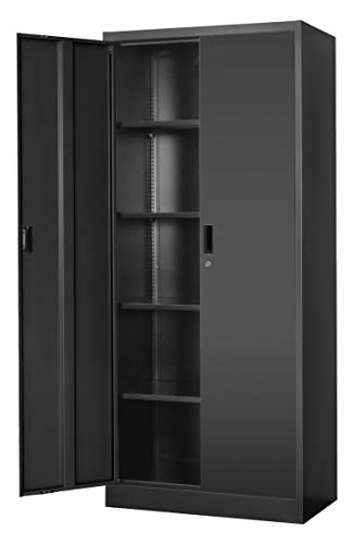 Wanfu Metal Storage Cabinet with Locking Doors and Adjustable Shelves, 71” Tall Steel Storage Cabinets for Garage, Home Office, Pantry(Black)