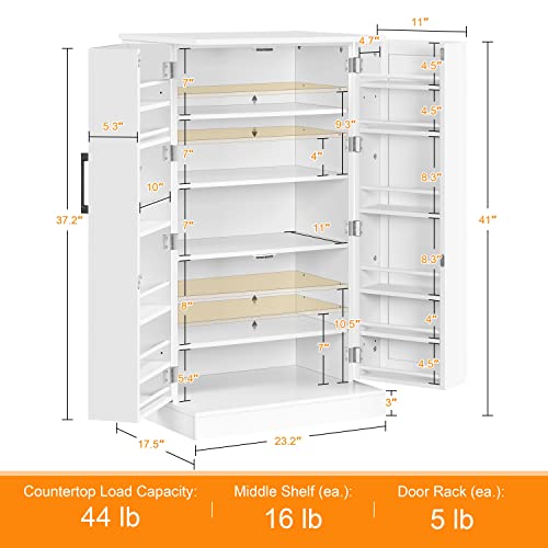 Yaheetech Kitchen Pantry Storage Cabinet, 41" Pantry Cabinets with Doors and 6 Adjustable Shelves, Freestanding Pantry Cupboard for Kitchen, Dinning Room, Living Room, Small Place, White