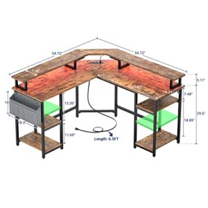 Aheaplus L Shaped Gaming Desk with Power Outlets & LED Lights, Corner Computer Desk with Monitor Stand and Storage Shelf, Home Office Writing Desk with Storage Bag, Rustic Brown