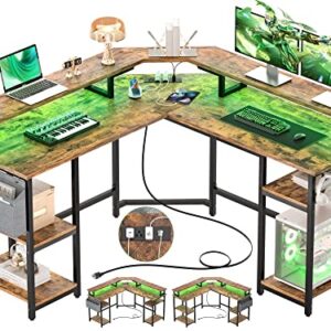 Aheaplus L Shaped Gaming Desk with Power Outlets & LED Lights, Corner Computer Desk with Monitor Stand and Storage Shelf, Home Office Writing Desk with Storage Bag, Rustic Brown