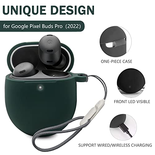 INGIDO Compatible for Google Pixel Buds Pro Case Cover with Keychain/Hand Strap, [Front LED Visible] Thickened Silicone Protective Cover Case for Google Pixel Pro Case 2022(Dark Green)