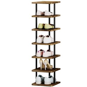 azerpian shoe rack 7 tier vertical storage organizer narrow metal slim shelf modern free standing shoe tower saving space for closet entryway bedroom,black+rustic brown