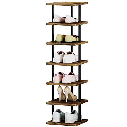 AZERPIAN Shoe Rack 7 Tier Vertical Storage Organizer Narrow Metal Slim Shelf Modern Free Standing Shoe Tower Saving Space for Closet Entryway Bedroom,Black+Rustic Brown