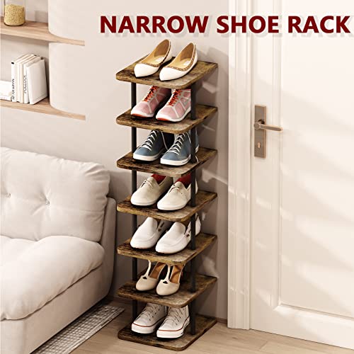 AZERPIAN Shoe Rack 7 Tier Vertical Storage Organizer Narrow Metal Slim Shelf Modern Free Standing Shoe Tower Saving Space for Closet Entryway Bedroom,Black+Rustic Brown