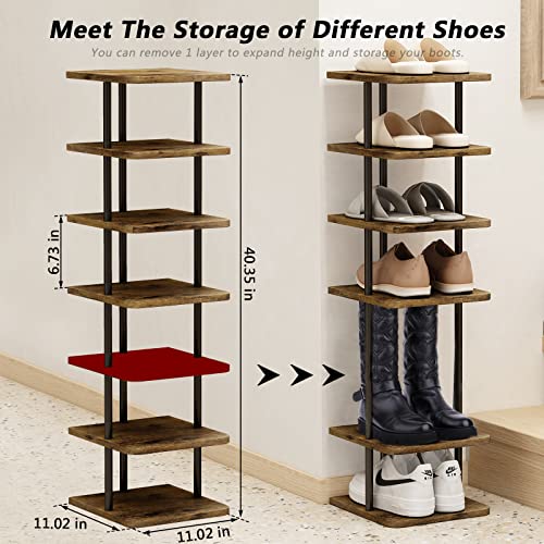 AZERPIAN Shoe Rack 7 Tier Vertical Storage Organizer Narrow Metal Slim Shelf Modern Free Standing Shoe Tower Saving Space for Closet Entryway Bedroom,Black+Rustic Brown