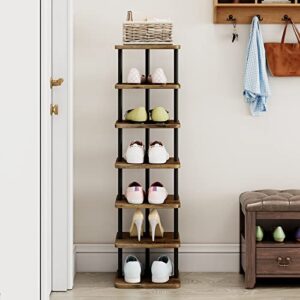 AZERPIAN Shoe Rack 7 Tier Vertical Storage Organizer Narrow Metal Slim Shelf Modern Free Standing Shoe Tower Saving Space for Closet Entryway Bedroom,Black+Rustic Brown