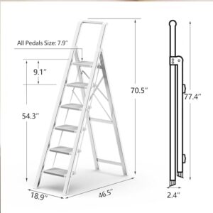 6 Step Ladder for 12 Feet High Ceiling, Lightweight Aluminum Folding Step Stool with Convenient Handgrip, Stepladders with Anti-Slip and Wide Pedal for Home and Kitchen Use Space Saving - Silver