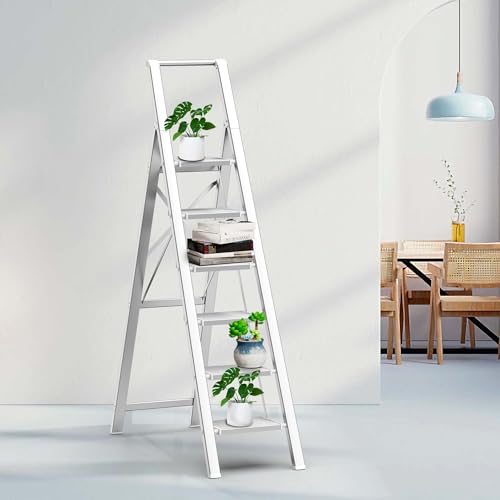 6 Step Ladder for 12 Feet High Ceiling, Lightweight Aluminum Folding Step Stool with Convenient Handgrip, Stepladders with Anti-Slip and Wide Pedal for Home and Kitchen Use Space Saving - Silver