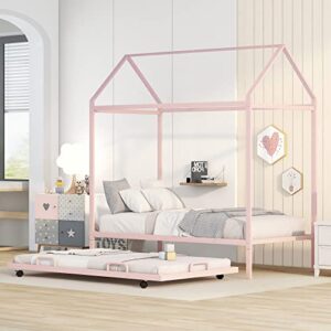 merax cute montessori bed with trundle twin, metal low house daybed for kids no box spring needed/space spaving pink