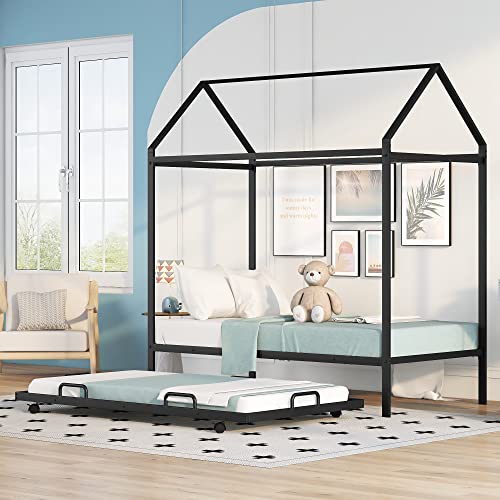 Merax Twin Kids Day Bed House Shaped Low Beds, Wood Platform Bed Frame for Girls, Boys, No Box Spring Needed, Easy Assemble (Twin,Black