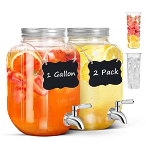 drink dispensers for parties,2 pack 1 gallon beverage dispenser with leak-proof stainless steel spigot plus ice cylinder and fruit infuser,mason jar glass drink dispenser for water sangria lemonade
