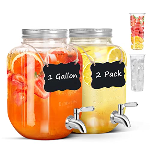 Drink Dispensers for Parties,2 Pack 1 Gallon Beverage Dispenser with Leak-Proof Stainless Steel Spigot plus Ice Cylinder and Fruit Infuser,Mason Jar Glass Drink Dispenser for Water Sangria Lemonade