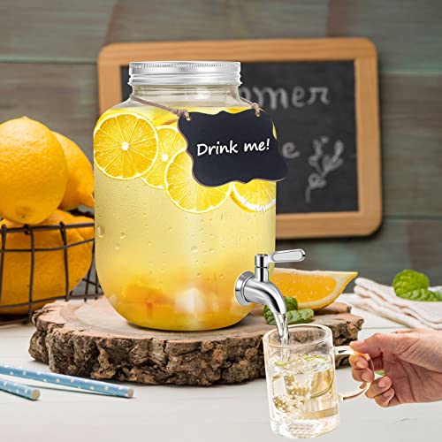 Drink Dispensers for Parties,2 Pack 1 Gallon Beverage Dispenser with Leak-Proof Stainless Steel Spigot plus Ice Cylinder and Fruit Infuser,Mason Jar Glass Drink Dispenser for Water Sangria Lemonade
