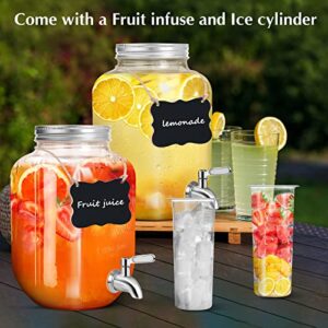 Drink Dispensers for Parties,2 Pack 1 Gallon Beverage Dispenser with Leak-Proof Stainless Steel Spigot plus Ice Cylinder and Fruit Infuser,Mason Jar Glass Drink Dispenser for Water Sangria Lemonade