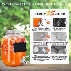 Drink Dispensers for Parties,2 Pack 1 Gallon Beverage Dispenser with Leak-Proof Stainless Steel Spigot plus Ice Cylinder and Fruit Infuser,Mason Jar Glass Drink Dispenser for Water Sangria Lemonade