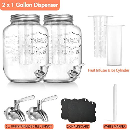 Drink Dispensers for Parties,2 Pack 1 Gallon Beverage Dispenser with Leak-Proof Stainless Steel Spigot plus Ice Cylinder and Fruit Infuser,Mason Jar Glass Drink Dispenser for Water Sangria Lemonade