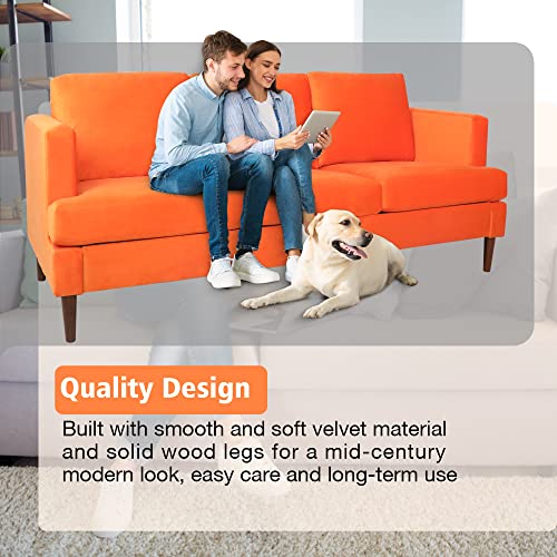 AVZEAR Upholstered Velvet 3-Seat Sofa, Apartment Sofa Sectional Sofa 3 Seater Solid Wood Legs Sofa Couches Bedroom Sofas Mid Century Modern Sofa Couch for Living Room (Orange)