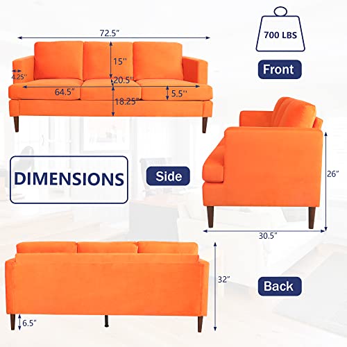 AVZEAR Upholstered Velvet 3-Seat Sofa, Apartment Sofa Sectional Sofa 3 Seater Solid Wood Legs Sofa Couches Bedroom Sofas Mid Century Modern Sofa Couch for Living Room (Orange)