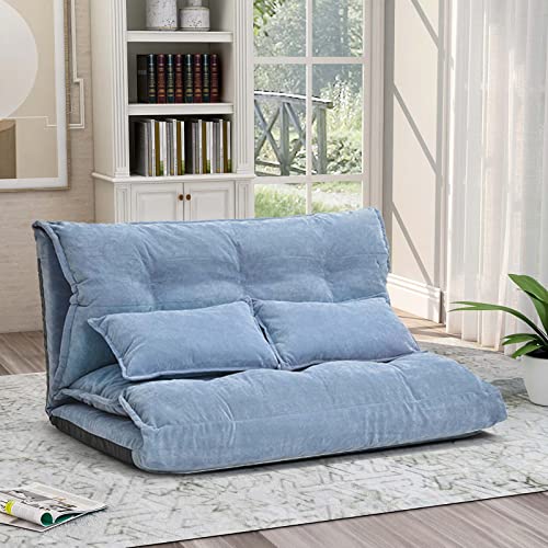 TMEOSK Double Chaise Lounge Sofa with 2 Pillows, 5-Position Reclining Folding Lazy Sofa Sleeper Bed Futon Bed Sofa Couches for Boys|Girls|Teens|Adults |Bedroom|Living Room|Balcony (Blue)