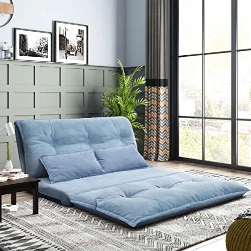 TMEOSK Double Chaise Lounge Sofa with 2 Pillows, 5-Position Reclining Folding Lazy Sofa Sleeper Bed Futon Bed Sofa Couches for Boys|Girls|Teens|Adults |Bedroom|Living Room|Balcony (Blue)