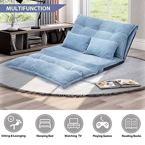 TMEOSK Double Chaise Lounge Sofa with 2 Pillows, 5-Position Reclining Folding Lazy Sofa Sleeper Bed Futon Bed Sofa Couches for Boys|Girls|Teens|Adults |Bedroom|Living Room|Balcony (Blue)