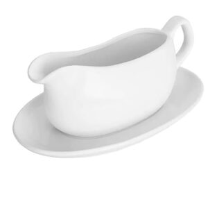 miecux gravy boat wiht tray, ceramic serving saucer&dish dispenser for sauces, dressings and creamer, large handle, microwave and dishwasher safe, 17 oz (white)