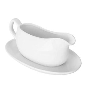 Miecux Gravy Boat wiht Tray, Ceramic Serving Saucer&Dish Dispenser for Sauces, Dressings and Creamer, Large Handle, Microwave and Dishwasher Safe, 17 oz (White)