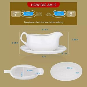 Miecux Gravy Boat wiht Tray, Ceramic Serving Saucer&Dish Dispenser for Sauces, Dressings and Creamer, Large Handle, Microwave and Dishwasher Safe, 17 oz (White)
