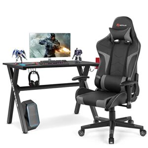 goplus gaming desk & chair combo set, racing style x shaped e-sport gamer desk & pvc computer chair w/cup & headphone holder, mouse pad, headrest & massage lumbar support for home office (grey)