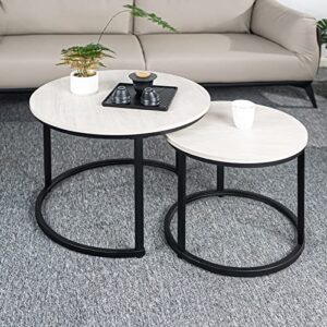 miereirl round nesting coffee table set 2 for living room bedroom office side end tables sturdy metal frame and faux marble table top white grey
