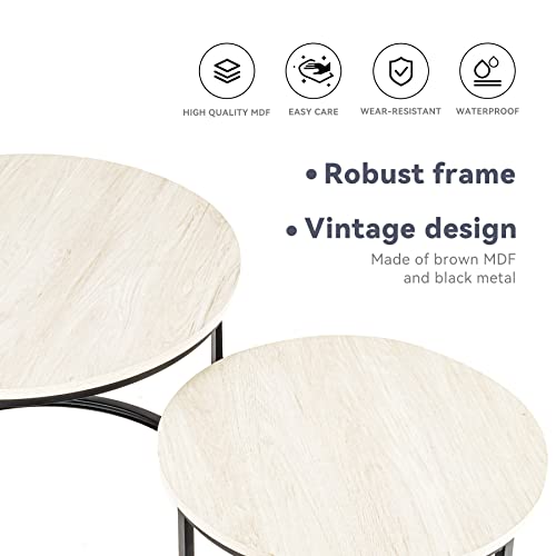 Miereirl Round Nesting Coffee Table Set 2 for Living Room Bedroom Office Side End Tables Sturdy Metal Frame and Faux Marble Table Top White Grey