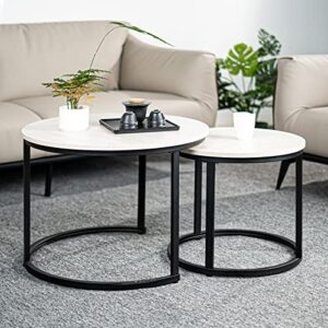 Miereirl Round Nesting Coffee Table Set 2 for Living Room Bedroom Office Side End Tables Sturdy Metal Frame and Faux Marble Table Top White Grey