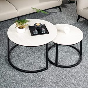 Miereirl Round Nesting Coffee Table Set 2 for Living Room Bedroom Office Side End Tables Sturdy Metal Frame and Faux Marble Table Top White Grey