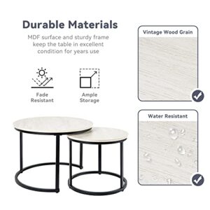 Miereirl Round Nesting Coffee Table Set 2 for Living Room Bedroom Office Side End Tables Sturdy Metal Frame and Faux Marble Table Top White Grey