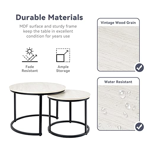 Miereirl Round Nesting Coffee Table Set 2 for Living Room Bedroom Office Side End Tables Sturdy Metal Frame and Faux Marble Table Top White Grey