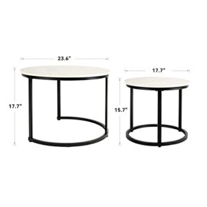 Miereirl Round Nesting Coffee Table Set 2 for Living Room Bedroom Office Side End Tables Sturdy Metal Frame and Faux Marble Table Top White Grey