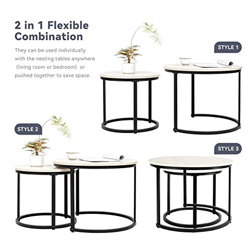 Miereirl Round Nesting Coffee Table Set 2 for Living Room Bedroom Office Side End Tables Sturdy Metal Frame and Faux Marble Table Top White Grey