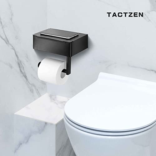 Tactzen Black Toilet Paper Holder, Flushable Wipes Dispenser Bathroom Storage Cabinet with Toilet Roll Holder with Phone Shelf,Stainless Steel Wall Mount Bathroom Organizer (Black-Plane)