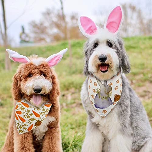 Crowned Beauty Easter Dog Bandanas Large 2 Pack, Paws Set, Bunnies Carrots Adjustable Triangle Holiday Plaid Reversible Scarves for Medium Large Extra Large Dogs Pets