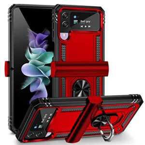 kvibeo case for samsung galaxy z flip 4, rugged military case with magnetic ring kickstand hard pc shockproof anti-drop cover,red